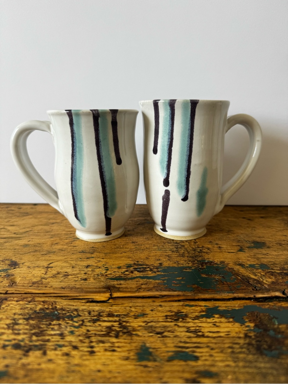 Handmade White Ceramic Mugs with Teal and Dark Grey Drip Design - Set of 2